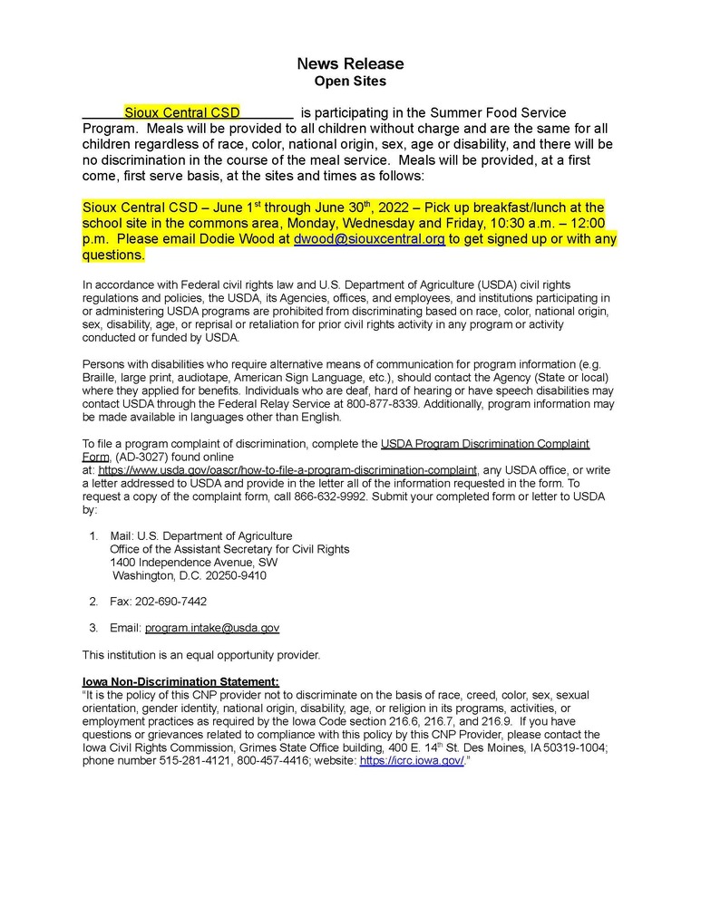 Summer Meals Media Release