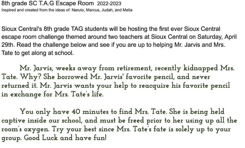 8th Grade SC T.A.G Escape Room