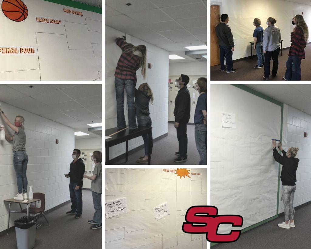 Collage of students putting up the bracket on the wall, picture of the bracket