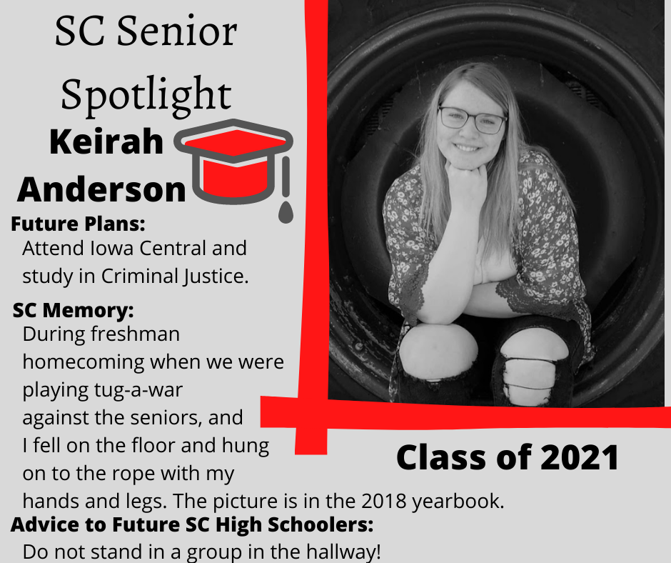 Attend Iowa Central and Study in Criminal Justice During freshman homecoming when we were playing tug-a-war against the seniors, and I fell on the floor and hung on to the rope with my hands and legs. The picture is in the 2018 yearbook. Do not stand in a group in the hallway