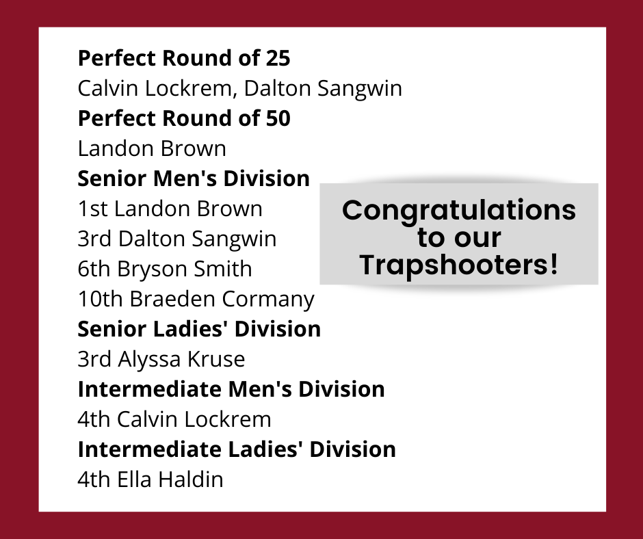 Congratulations to members of the Storm Lake Trapshooters for their accomplishments this weekend! Calvin Lockrem and Dalton Sangwin each shot a perfect round of 25 and Landon Brown shot a perfect 50 for the day. In the senior division, the team took 5 of the top 10 spots with Sioux Central's Landon Brown in first, Dalton Sangwin in 3rd, Bryson Smith in 6th, and Braeden Cormany in 10th. Alyssa Kruse took 3rd place for the senior ladies division. In the intermediate division, Calvin Lockrem took 4th place for men and Ella Haldin took 4th for ladies. In team shooting, Storm Lake Grey's intermediate team took 1st place. Sioux Central athletes on this squad included Ryan Cormany and Calvin Lockrem. In the Senior division, Storm Lake RedGreen took 2nd with Landon Brown, Khayden Axdahl, and Alyssa Kruse as team members. The Storm Lake White senior team consisting of Austin Haldin, Kadin Haldin, Dalton Sangwin, Caiden Rebhuhn, and Bryson Smith took 3rd place. The Storm Lake Trapshooting team consists of athletes from Sioux Central, Albert City-Truesdale, Storm Lake, Storm Lake St. Mary's, and Newell-Fonda. The team has 3 weeks of regular season meets left before heading to the state competition June 9 - 12.