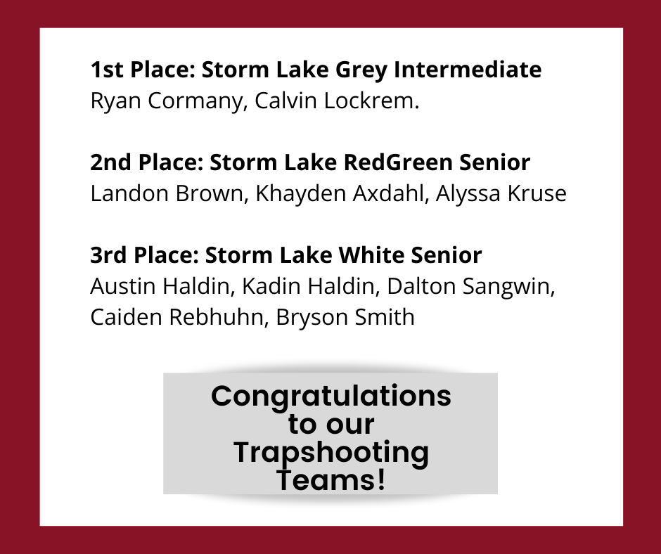 Congratulations to members of the Storm Lake Trapshooters for their accomplishments this weekend! Calvin Lockrem and Dalton Sangwin each shot a perfect round of 25 and Landon Brown shot a perfect 50 for the day. In the senior division, the team took 5 of the top 10 spots with Sioux Central's Landon Brown in first, Dalton Sangwin in 3rd, Bryson Smith in 6th, and Braeden Cormany in 10th. Alyssa Kruse took 3rd place for the senior ladies division. In the intermediate division, Calvin Lockrem took 4th place for men and Ella Haldin took 4th for ladies. In team shooting, Storm Lake Grey's intermediate team took 1st place. Sioux Central athletes on this squad included Ryan Cormany and Calvin Lockrem. In the Senior division, Storm Lake RedGreen took 2nd with Landon Brown, Khayden Axdahl, and Alyssa Kruse as team members. The Storm Lake White senior team consisting of Austin Haldin, Kadin Haldin, Dalton Sangwin, Caiden Rebhuhn, and Bryson Smith took 3rd place. The Storm Lake Trapshooting team consists of athletes from Sioux Central, Albert City-Truesdale, Storm Lake, Storm Lake St. Mary's, and Newell-Fonda. The team has 3 weeks of regular season meets left before heading to the state competition June 9 - 12.