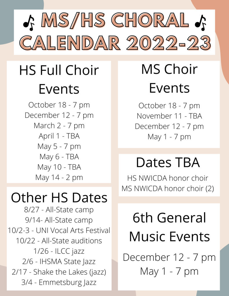 All the vocal dates for the 2022-23 school year.