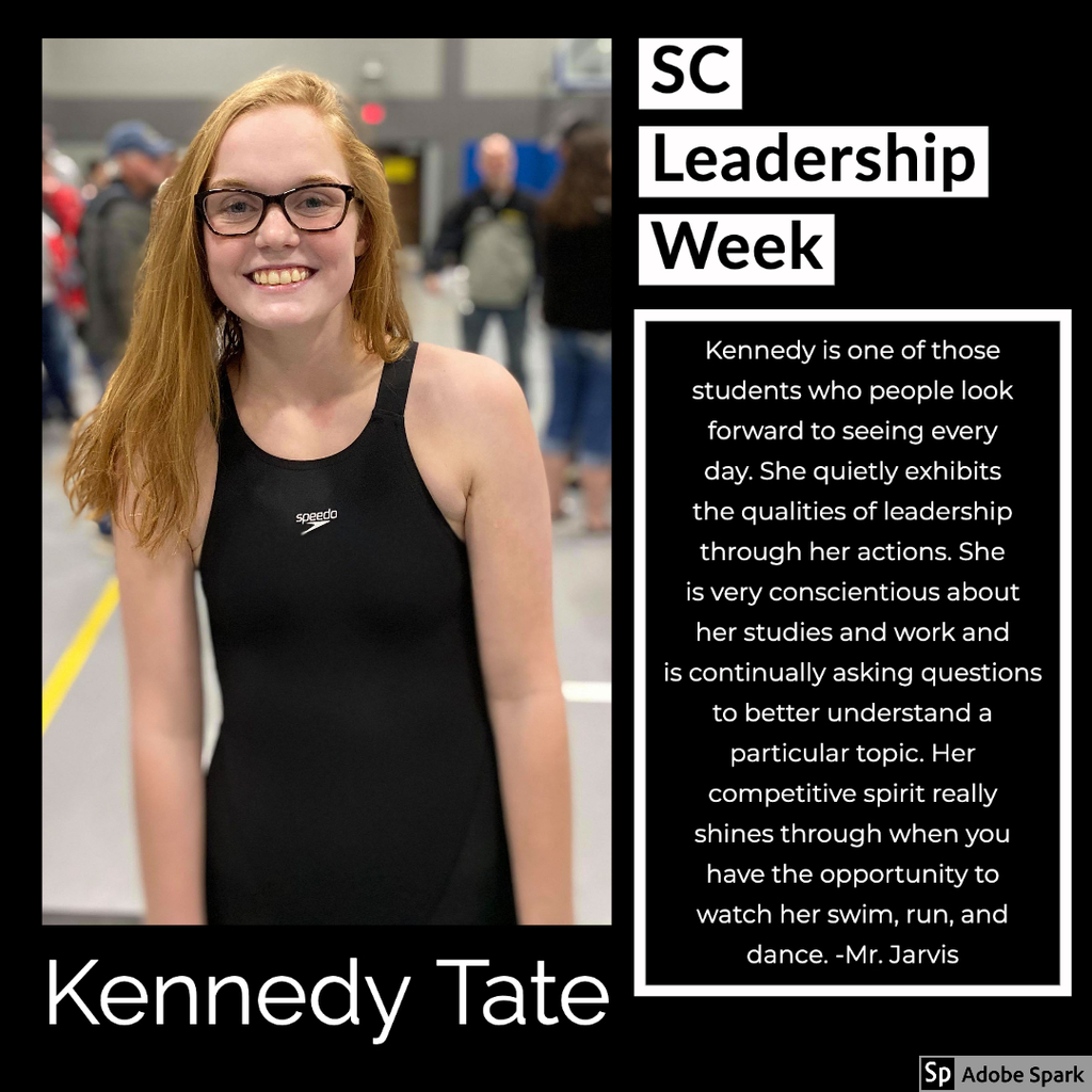 Kennedy is one of those students who people look forward to seeing every day. She quietly exhibits the qualities of leadership through her actions. She is very conscientious about her studies and work and is continually asking questions to better understand a particular topic. her competitive spirit really shines through when you have the opportunity to watch her swim, run, and dance. -Mr. Jarvis