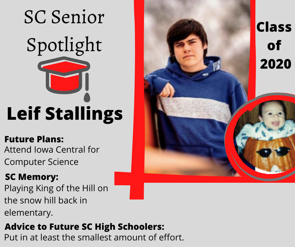 Leif Stallings		Attend Iowa Central for Computer Science	Playing King of the Hill on the snow hill back in elementary.	Put in at least the smallest amount of effort.